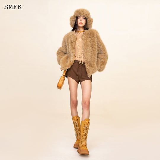 SMFK WildWorld Baseball Faux Fur Jacket In Wheat